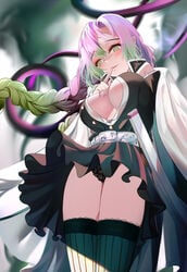 big_breasts black_panties blush braided_hair demon_slayer female female_only finger_to_mouth green_eyes haori jsl kanroji_mitsuri kimetsu_no_yaiba lace-trimmed_panties lace-trimmed_thighhighs lace_panties long_hair looking_down low-angle_view mole_under_eye no_bra open_shirt panties pink_hair pleated_skirt solo sword thighhighs two_tone_hair underboob uniform upskirt