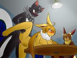 anthro balls bandana being_watched black_body black_fur black_hair blonde_hair blush breasts brown_hair ceiling_lights domestic_cat duo eeveelution felid feline felis female flareon flustered fur furniture genitals hair hand_on_leg hi_res hybrid jolteon joslyn_fumei k'_fumei kerchief looking_at_another male male/female mammal neck_tuft nintendo on_table orange_eyes penetration penis pokémon_(species) pokemon purple_eyes pussy raised_leg red_body red_eyes red_fur sil_blackmon smile table tetsushi tuft umbreon vaginal_penetration vaginal_penetration video_games white_body white_fur window yellow_body yellow_fur