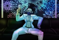 abs bulge_down_leg bulge_through_clothing futanari hammertheshark huge_cock izumi_(hammertheshark) mask muscular_futanari new_year penis_to_the_knees tagme white_suit