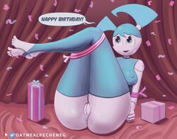 anus ass big_breasts big_butt blue_body blue_ears blue_eyes bondage bound breasts butt_focus confetti curtains english_text feet female foot_fetish genitals happy_birthday hi_res humanoid jenny_wakeman legs_tied legs_up machine my_life_as_a_teenage_robot nickelodeon nipples oatmealpecheneg presenting presenting_legs presenting_pussy pussy robot robot_humanoid sitting smile smooth_skin solo stirrup_legwear text thick_thighs white_body xj-9