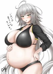 big_breasts bikini black_bikini blush cleavage dateoyoubun fate/grand_order fate_(series) female female_only hand_on_belly hand_on_hip huge_breasts jeanne_alter long_hair looking_at_viewer pregnant silver_hair solo swimsuit very_long_hair yellow_eyes