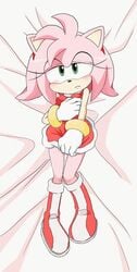 1girls amy_rose anthro blush cute dakimakura female knees_together_feet_apart looking_at_viewer nipple_bulge panties_peek petite pink_fur pink_hair small_breasts solo sonic_(series)