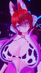 1girls 3d ahoge animal_ears blue_eyes blush breasts breasts_bigger_than_head breasts_out cow_print cow_print_bikini eyes_visible_through_hair fox_ears fox_girl ginger_hair glubbable heart-shaped_pupils horns huge_breasts large_breasts light-skinned_female light_skin solo solo_female solo_focus succubus unzipped unzipped_jacket virtual_youtuber vrchat vrchat_avatar wings