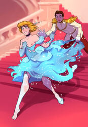 2boys arm_sleeves ball_gown blonde_hair blue_dress blue_eyes brown_hair castle chasing cinderella_(1950_film) cinderella_(disney) clothed_male crossdressing disney disney_prince disney_princess dissolving_clothes fairybend femboy femboy_prince garter_belt_leggings genderswap genderswap_(ftm) girly glass_slipper groom light-skinned_male long_hair_male male male_only nipple peasant prince prince_charming ripushko rule_63 running scared see-through_legwear stockings