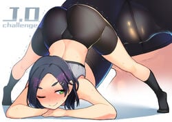 ass big_ass bike_shorts black_hair black_legwear black_shorts blush butt close-up closed_mouth dat_ass female green_eyes hair_ornament hairclip jack-o'_challenge jack-o_pose kantai_collection kneehighs kuroshio_(kantai_collection) multiple_views one_eye_closed petite pussy short_hair shorts taketora_suzume top-down_bottom-up