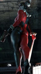 1girls 3d ankle_boots ass baseball_bat batman:_arkham_knight batman_(series) bodysuit boots bubble_butt busty dat_ass dc dc_comics female female_focus female_only firearm footwear fully_clothed handgun harley_quinn harley_quinn_(classic) harley_quinn_(injustice) headwear high_heel_boots high_heels hourglass_figure injustice_2 low-angle_view makeup pale-skinned_female pale_skin rear_view revolver sfmlover22 solo standing tight_clothing weapon wide_hips