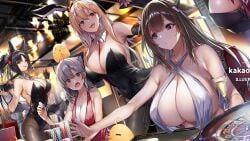 5girls alternate_costume animal_ears azur_lane bare_shoulders between_breasts bird black_gloves black_hair black_leotard black_pantyhose blonde_hair blue_eyes blush breasts brown_hair brown_pantyhose card casino cg champagne_flute chick cleavage collarbone covered_navel cow_ears cow_horns criss-cross_halter cup detached_collar dress drinking_glass elbow_gloves fake_animal_ears female flower gloves grey_hair hair_between_eyes hair_flower hair_ornament halterneck holding holding_tray horns huge_breasts indoors jewelry kashino_(azur_lane) kii_(azur_lane) kumano_(azur_lane) large_breasts leaning_forward leotard long_hair looking_at_viewer multiple_girls necktie necktie_between_breasts official_art open_mouth pantyhose playboy_bunny playing_card poker_chip purple_eyes rabbit_ears rabbit_tail red_dress red_hair sideboob sitting smile strapless strapless_leotard suzutsuki_(azur_lane) tail tray wrist_cuffs yellow_eyes
