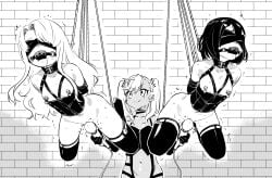 3girls :q arms_behind_back artist_name ball_gag blindfold bondage bondage bound bound_arms box_tie breasts brick_wall chest_harness chloe_von_einzbern collarbone commentary commission corset covered_eyes dark-skinned_female dark_skin drooling english_commentary eudetenis fate/kaleid_liner_prisma_illya fate_(series) femdom gag gagged gloves greyscale harness highres hitachi_magic_wand illyasviel_von_einzbern incest licking_lips long_hair miyu_edelfelt monochrome multiple_girls navel nipple_piercing nipples nude piercing pussy pussy_juice saliva second-party_source sex_toy short_hair siblings small_breasts smile suspension thighhighs tongue tongue_out trembling twincest twins twintails v-shaped_eyebrows vibrator wiffle_gag yuri