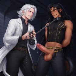 2boys ai_generated bisexual_male black_hair black_nails blushing cellar chained_collar chained_up chains collar collar_pull couple criminal dating domination dripping_precum fangs fangs_out gay long_hair male obsessed obsessed_male oc oc:apollo_zmei oc:dr.ziva orange_eyes original_character pale-skinned_male power_bottom purple_eyes sharp_nails sharp_teeth smirking_at_another smirking_at_partner snake snake_humanoid snake_tail submissive_top tanned tanned_skin tied_hands tied_up white_hair
