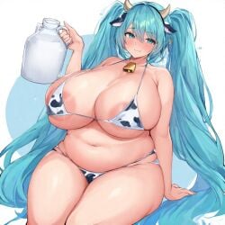 ai_generated blush chubby cow_ears cow_horns cow_print cowbell hatsune_miku holding_object large_areolae large_breasts milk sitting vocaloid