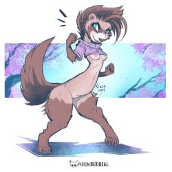 anthro areola blue_eyes breasts brown_body brown_fur brown_hair brown_markings cheek_tuft clothed clothing colored crop_top derideal digital_media_(artwork) digitigrade domestic_ferret facial_tuft female full-length_portrait fur genitals gloves_(marking) hair hi_res hoodie ineffective_clothing innie_vulva kiaun leg_markings mammal markings mix_(derideal) mostly_nude mustelid musteline nipples outer_labia portrait pose purple_clothing purple_crop_top purple_hoodie purple_shirt purple_topwear pussy shirt slim small_breasts socks_(marking) solo tail topwear true_musteline tuft vulva weasel