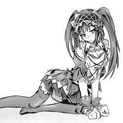 all_fours asian asian_female bare_arms black_and_white black_hair blush blush blush_line breasts cleavage clock_eyes feet_out_of_frame female female frilled_dress frilled_headband frills garter_straps heterochromia lolita_fashion long_hair looking_away mismatched_pupils no_shoes open_mouth red_eyes solo symbol_shaped_pupils thighhighs twintails yellow_eyes