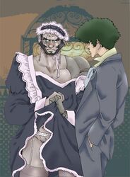 bara beard black_hair blush cowboy_bebop crossdressing cyborg embarrassed facial_hair garter_belt green_hair jet_black maid maid_uniform male male_only manly_crossdresser muscles no_panties spike_spiegel undressing what yaoi