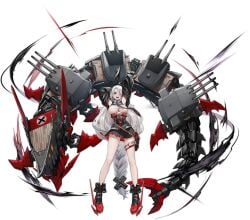 absurdly_long_hair arms_up azur_lane bare_shoulders black_background black_footwear black_necktie black_skirt black_sleeves boots braid breasts cg collared_shirt crop_top detached_sleeves female full_body gloves hair_between_eyes hair_over_one_eye hair_ribbon high-waist_skirt jacket large_breasts long_hair looking_at_viewer machinery miniskirt mole mole_under_eye necktie official_art open_mouth pleated_skirt prinz_heinrich_(azur_lane) red_eyes ribbed_shirt shirt single_braid skirt sleeveless sleeveless_shirt smile solo standing thigh_strap turret underboob very_long_hair white_hair white_shirt