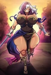 ai_generated big_ass big_thighs blackwhiplash_(style) cleavage field field_background fire_emblem fire_emblem:_new_mystery_of_the_emblem grin huge_breasts large_ass large_thighs malice_(fire_emblem) one_eye_obstructed purple_hair skimpy skimpy_clothes sword tan_body thick thick_ass thick_thighs weapon