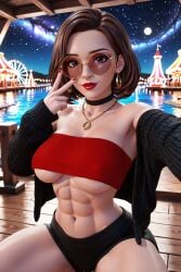 1girls 3d 3d_(artwork) abs ai ai_generated alt_girl amusement_park big_ass big_breasts booty_shorts breasts brown_hair busty cardigan carnival choker circle_glasses circular_glasses cute cute_face egirl female glasses hipster lindsey(oc) medium_hair muscular muscular_female night peace_sign petite petite_body radnsad red_glasses red_sunglasses selfie solo solo_female solo_focus theme_park thick_ass thick_thighs tubetop underboob
