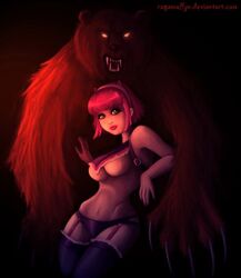 1girls annie_hastur bear garter_belt garter_straps league_of_legends lingerie panties ragamuffyn short_hair thighhighs tibbers topless underboob watermark