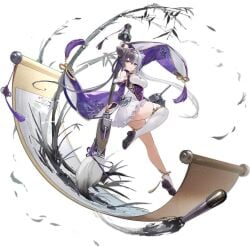asymmetrical_legwear azur_lane bare_shoulders black_background black_hair blue_eyes breasts calligraphy_brush cg chinese_clothes clothing_cutout cone_hair_bun detached_sleeves double_bun dress female full_body hair_bun hair_ornament holding holding_brush holding_paintbrush ink large_breasts long_hair long_sleeves looking_at_viewer medium_breasts multicolored_hair official_art paintbrush print_sleeves purple_dress scroll single_thighhigh socks solo split-color_hair thighhighs two-tone_hair white_dress white_hair white_socks white_thighhighs wide_sleeves ying_swei_(azur_lane)