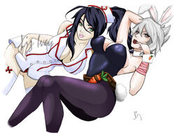 2girls akali_jhomen_tethi animal_ears artist_request battle_bunny_riven belt bimbo black_hair breasts bunny_ears bunny_girl bunny_tail bunnygirl bunnysuit busty carrot cleavage eyeshadow league_of_legends lipstick makeup nurse_akali nurse_cap nurse_uniform panties pantyhose riven silver_hair the_grind_series voluptuous