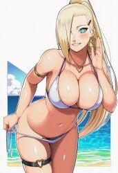 1girls 23_ai_illust ai_generated beach big_breasts bikini bikini_bottom bikini_top blonde_female blonde_hair blue_eyes blush blush_lines boruto:_naruto_next_generations breasts cameltoe curvy curvy_female curvy_figure earrings eyelashes eyeshadow female from_below hair hair_ornament hair_over_one_eye heart_earrings heart_necklace ino_yamanaka jewelry leg_strap light-skinned_female light_blue_eyes light_skin looking_at_viewer loose_hair mature mature_female midriff milf naruto naruto_(series) navel necklace ocean outdoors pale-skinned_female pale_skin pinup ponytail pussy sea seaside smirk swimsuit teasing thick_thighs thigh_gap thighs tied_hair toned toned_female undressing untied_bikini untying very_long_hair watermark waving waving_at_viewer waving_hand white_skin