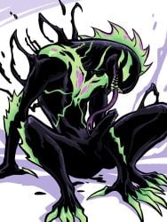alien arm_frill black_goo claws digital_media_(artwork) erection frill_(anatomy) genitals goo_transformation green_eyes green_frill green_markings head_crest head_frill hi_res human leg_frill licking male mammal markings marvel maxspite nude open_mouth oral penile penis penis_lick sex sharp_teeth simple_background solo symbiote teeth tendrils tongue tongue_on_penis tongue_out transformation