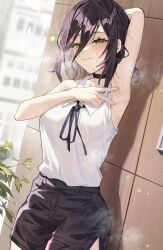 1girls arm_behind_head armpits black_choker black_hair blush breasts chainsaw_man choker closed_mouth collared_shirt fang_qiao female female_only green_eyes hair_between_eyes highres looking_at_viewer medium_breasts medium_hair presenting_armpit reze_(chainsaw_man) ribbon shirt short_hair shorts side_slit side_slit_shorts sleeveless sleeveless_shirt solo spread_armpit steam sweat white_shirt