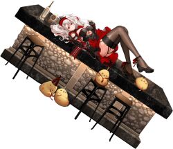 alcohol azur_lane black_background black_dress black_footwear black_gloves black_thighhighs bottle breasts cg cleavage clothing_cutout cup detached_sleeves dress drinking_glass female fingerless_gloves frills full_body garter_straps gloves hat high_heels holding iron_cross large_breasts long_hair looking_at_viewer lying multicolored_hair official_alternate_costume official_art on_back prinz_adalbert_(after-hours_service)_(azur_lane) prinz_adalbert_(azur_lane) red_eyes red_hair solo streaked_hair table thighhighs twintails two-tone_hair underboob underboob_cutout white_hair wine_bottle wine_glass