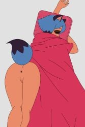 absurd_res anthro anus ass bedding blanket blue_hair brand_new_animal brown_body brown_fur bruhmantwt canid canine digital_media_(artwork) female fur genitals hair hi_res long_nails lying mammal michiru_kagemori nude pillow pussy raccoon_dog simple_background sleeping solo studio_trigger tail tanuki vulva