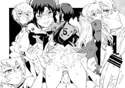 3girls ass ass_to_ass asuka_langley_sohryu bar_censor blush bodysuit breasts censored clothing cum ejaculation facesitting fart female glasses hiratsura_masaru human large_breasts long_hair mari_illustrious_makinami monochrome multiple_girls neon_genesis_evangelion oral_sex penis pilot_suit plugsuit rebuild_of_evangelion rei_ayanami shinji_ikari short_hair smothering