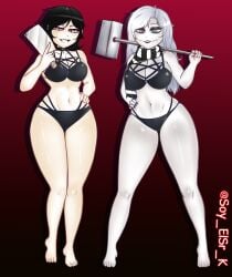 2girls alternate_version_available ashley_graves bikini black_bikini black_hair blade choker creepypasta crossover female female_focus female_only goth goth_girl hammer horror horror_(theme) knife looking_at_viewer mallet pink_eyes red_background scarf silver_eyes smile smiling_at_viewer soy_elsr_k the_coffin_of_andy_and_leyley white-skinned_female white_body white_hair white_skin zero_(creepypasta)