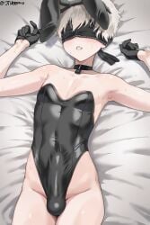 1boy armpits bed blindfold blush bulge bunny_boy bunny_ears bunnysuit choker erection_under_clothes femboy fingerless_gloves girly gloves highleg_leotard jtveemo leotard lying_on_bed male male_only male_playboy_bunny nier nier:_automata nier_(series) on_bed pale-skinned_male pale_skin playboy_bunny short_hair solo strapless_leotard sweat white_hair yorha_9s