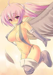 1girls ahoge black_angel_(elona) blush boots breasts elbow_gloves elona female gloves kourourin large_breasts lulwy pink_eyes pink_hair sling_bikini solo swimsuit thighhighs tied_hair twintails wings