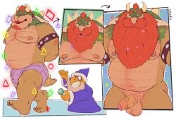 2boys anthro balls beard beard_growth big_beard body_hair body_hair_growth bottomwear bowser chest_hair clothing disappearing_clothing duo facial_hair facial_hair_growth foreskin furry furry_male furry_only genitals hair hairy_balls hi_res kamek koopa magic magic_user magikoopa male male/male mario_(series) nintendo nipple_piercing nipples overweight overweight_anthro overweight_male penis piercing pubes red_hair reptile scalie sequence shorts tail uncircumcised vacao vacaocomtil