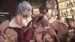 3girls alcohol animal_ears aquila_(azur_lane) arm_support armlet ass azur_lane backless_leotard bare_shoulders between_breasts bikini black_bikini black_bow black_bowtie black_footwear black_gloves black_leotard black_thighhighs blurry blurry_foreground bottle bow bowtie braid breasts brown_hair brown_thighhighs cg cleavage closed_mouth collarbone cup depth_of_field detached_collar drinking_glass duca_degli_abruzzi_(azur_lane) earrings elbow_gloves fake_animal_ears fake_tail fishnet_thighhighs fishnets garter_straps gloves green_eyes grey_eyes grey_hair hair_ornament hairband hairclip halo high_heels highleg highleg_leotard holding huge_breasts indoors jacket jewelry large_breasts leotard long_hair long_sleeves looking_at_viewer lying multiple_girls necktie necktie_between_breasts off_shoulder official_art on_side on_stomach open_jacket open_mouth playboy_bunny rabbit_ears rabbit_tail red_eyes red_jacket red_necktie short_necktie sideboob single_braid sitting skindentation smile strapless strapless_leotard swimsuit tail thighhighs thighs vittorio_veneto_(azur_lane) white_hair white_leotard wine_bottle x_hair_ornament