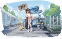 animal_ears animal_print azur_lane balloon bell bent_over bikini blush bottle breasts brown_hair cg cleavage cow_ears cow_girl cow_horns cow_print cow_print_bikini cow_tail cowbell criss-cross_halter day female fence full_body hair_ornament high_heels holding horns huge_breasts kashino_(azur_lane) kashino_(fresh_and_sweet)_(azur_lane) large_breasts leaning_forward long_hair looking_at_viewer milk_bottle official_art outdoors print_bikini purple_eyes sign skindentation sky solo standing swimsuit tail thighhighs tree very_long_hair white_bikini white_thighhighs