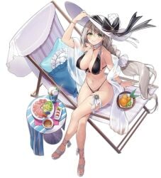 aquila_(azur_lane) aquila_(sardegnian_shallows_and_sunshine)_(azur_lane) arm_up azur_lane bare_shoulders beach_chair bikini black_background black_bikini bow braid braided_ponytail breasts cg chair choker cleavage crossed_legs cup feet female food frills from_above fruit full_body grapes green_eyes grey_hair hand_on_headwear hat highleg highleg_bikini large_breasts legs long_hair looking_at_viewer looking_up navel official_alternate_costume official_art pillow sandals simple_background single_braid sitting smile solo stomach string_bikini sun_hat swimsuit table thigh_strap thighs toes very_long_hair white_choker white_footwear white_headwear