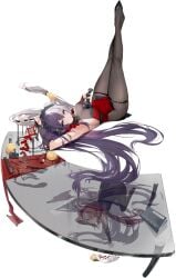 absurdly_long_hair armpits azur_lane bare_shoulders black_footwear black_pantyhose blue_eyes bodystocking breasts cg cleavage dress female full_body hair_bun hair_spread_out high_heels holding large_breasts legs_up leotard long_hair looking_at_viewer lying multicolored_hair official_alternate_costume official_art on_back pantyhose purple_eyes purple_hair see-through solo thigh_strap very_long_hair ying_swei_(azur_lane) ying_swei_(frolicking_flowers,_verse_i)_(azur_lane)