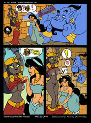 ! 1boy 2girls 3_panel_comic 4_fingers ? akabur aladdin arabian arabian_female blue_skin comic disney disney_princess female genie genie_(aladdin) human magic_carpet mirage_(aladdin) page_2 paheal princess_jasmine stone_wall undressing_partner wall