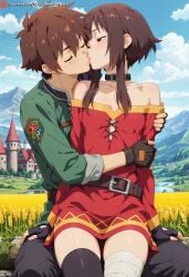 1girls ai_generated big_ass blush busty curvy detailed_background eyes face female female flat_chest heavy hips kissing kono_subarashii_sekai_ni_shukufuku_wo! looking_pleasured male/female megumin mouth nipple_slip nipples nude open pink pleasure puffy_nipples satou_kazuma small_breasts solo squeeshyai submissive teen teenage_girl teenager thick thighs wide