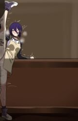 1boy absurdres age_difference apron black_choker blush chainsaw_man cheating choker cuckold female green_eyes highres implied_sex leg_hold male mini2chainz naked_footwear netorare ntr one_eye_closed purple_hair reze_(chainsaw_man) split standing standing_on_one_leg standing_split stealth_sex sweat yellow_apron