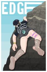 3am black_hair climbing colored_pussy coqui_saporana female fishnet_socks fishnets frog_girl green_pussy harness highres non-web_source o-ring o-ring_harness pleated_skirt pussy rock_climbing short_tail skirt socks tail upskirt virtual_youtuber