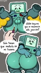 2025 adventure_time anthro anus artist_name ass balls bananapop big_butt black_eyes blush blush_lines bmo canid canine canis cartoon_network digital_media_(artwork) domestic_dog finn_the_human fur genitals green_body grey_background group hand_on_butt hand_on_face hand_on_leg hand_on_own_butt hand_on_own_face hi_res holding_object human jake_the_dog kneeling leg_grab legs_up looking_back lying machine male male/male mammal mo_(adventure_time) on_back penis presenting presenting_hindquarters question question_mark raised_finger rear_view robot screen screen_face simple_background small_balls small_penis spanish_text speech_bubble tan_body tan_skin teapot_(body_type) text thick_thighs three-quarter_view translated trio yellow_body yellow_fur