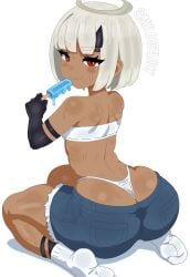 aged_up ass black_arms black_feet black_horn blue_popsicle blunt_bangs blush booty_shorts bubble_butt clothed commission dark-skinned dark-skinned_female dark_skin female god_eater_3 goddess halo hips horn jean_shorts juicy_lips mylooseylucy plump_ass plump_thighs popsicle red_eyes ribs round_ass short_shorts shorts shortstack skinny skinny_arms skinny_female skinny_waist small_waist smug socks summer sweat sweatdrop sweating sweaty sweaty_ass sweaty_body thick_thighs thighs thong tight_clothes tight_clothing tight_shorts tight_thong tiny_waist tube_top tubetop white_background white_hair white_socks white_thong white_tube_top