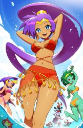 4girls armpits arms_behind_head bandana bikini bikini_shorts blonde_hair blue_eyes blue_sky breasts circlet colored_skin commentary dark-skinned_female dark_skin earrings english_commentary from_below green_hair green_skin hairband highres hood jewelry long_hair looking_at_viewer medium_breasts multicolored_bikini multiple_girls navel ocean open_mouth orange_bikini pointing ponytail purple_eyes purple_hair purple_hood purple_skin red_bikini red_eyes revenantart risky_boots rottytops shantae shantae_(character) short_hair shorts skull_earrings sky sky_(shantae) smile swimsuit two-tone_bikini very_long_hair water yellow_hairband zombie