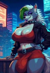 1anthro 1furry 1futa ai_generated anthro anthro_futa balls big_breasts big_penis breasts bulge curvy curvy_figure dickgirl ear female five_nights_at_freddy's five_nights_at_freddy's_2 fnaf furry futanari green_hair green_highlights grey_body grey_fur grey_hair hand_on_hip intersex leather_jacket long_hair looking_away penis roxanne_wolf_(fnaf) solo_focus solo_futa spiked_bracelet spiked_collar sudospritez tail thick thick_legs white_fur wolf wolf_girl