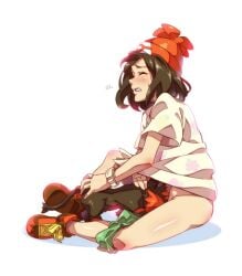 bag beanie black_hair blush closed_eyes clothes_pull cunnilingus female floral_print flying_sweatdrops green_shorts hat juvecross litten poke_ball_theme pokemon pokemon_(creature) pokemon_sm pokephilia red_headwear selene_(pokemon) shirt shoes short_hair short_sleeves shorts shorts_pull sitting sneakers sweat teeth tied_shirt z-ring