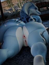 3d_(artwork) anthro anus ass bamboo big_butt blue_body blue_scales butt_focus cobra dariana_(quetzaly) day digital_media_(artwork) dutch_angle female genitals half-closed_eyes hi_res looking_at_viewer looking_back looking_back_at_viewer lying lying_on_ground narrowed_eyes non-mammal_vulva nude nude_anthro nude_female on_front on_ground outdoor_nudity outside rear_view reptile scales scalie smile smiling_at_viewer snake snake_hood solo stinkicatz tail thick_thighs vulva water watermark wide_hips
