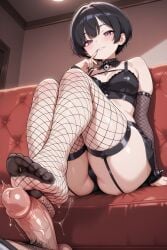 1girl1boy ai_generated big_penis black_hair feet feet_on_penis female female_on_top footjob girl_on_top goth_girl gothic miniskirt precum short_hair stockings white_body whitsauce
