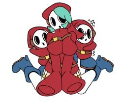 2d breasts female female_focus heels hood long_sleeves mask masked_female nintendo notanalt red_clothing rule_63 self_upload shy_gal simple_background teal_hair thighhighs thighs video_games