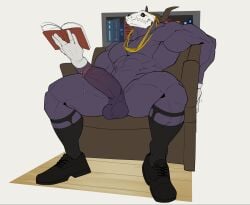 abs balls biceps bodily_fluids bone clothing dottodottodott0 elias_ainsworth erection flat_colors footwear genital_fluids genitals hi_res humanoid_genitalia humanoid_penis male pecs penis precum purple_body shoes sitting skull skull_head socks